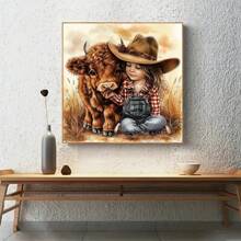 5D DIY Diamant-Malerei-Set Highland Kuh und Mädchen Kreuzstich Diamant Vollbohrung Rundes Mosaik Heim Dekoration Geschenk