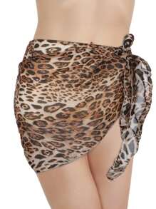 2 Pcs Swimsuit Coverups For Women Sarong Beach Wrap Sheer Short Skirt Chiffon Scarf Coverup For Swimwear Bathing Suit - 黑色+豹紋 - 查看 6