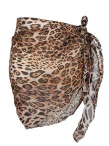 2 Pcs Swimsuit Coverups For Women Sarong Beach Wrap Sheer Short Skirt Chiffon Scarf Coverup For Swimwear Bathing Suit - 黑色+豹紋 - 查看 7