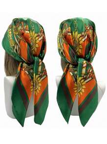 90cm女士印花人造絲圍巾，方形緞子披肩，遮陽，頭巾斗篷，頭髮圍巾，頭帶，給你打扮造型的理想之選