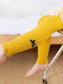 1 件女童蝴蝶结紧身打底裤透气黑/白色连裤袜，适合日常休闲穿着 - 黃色 - 查看 4