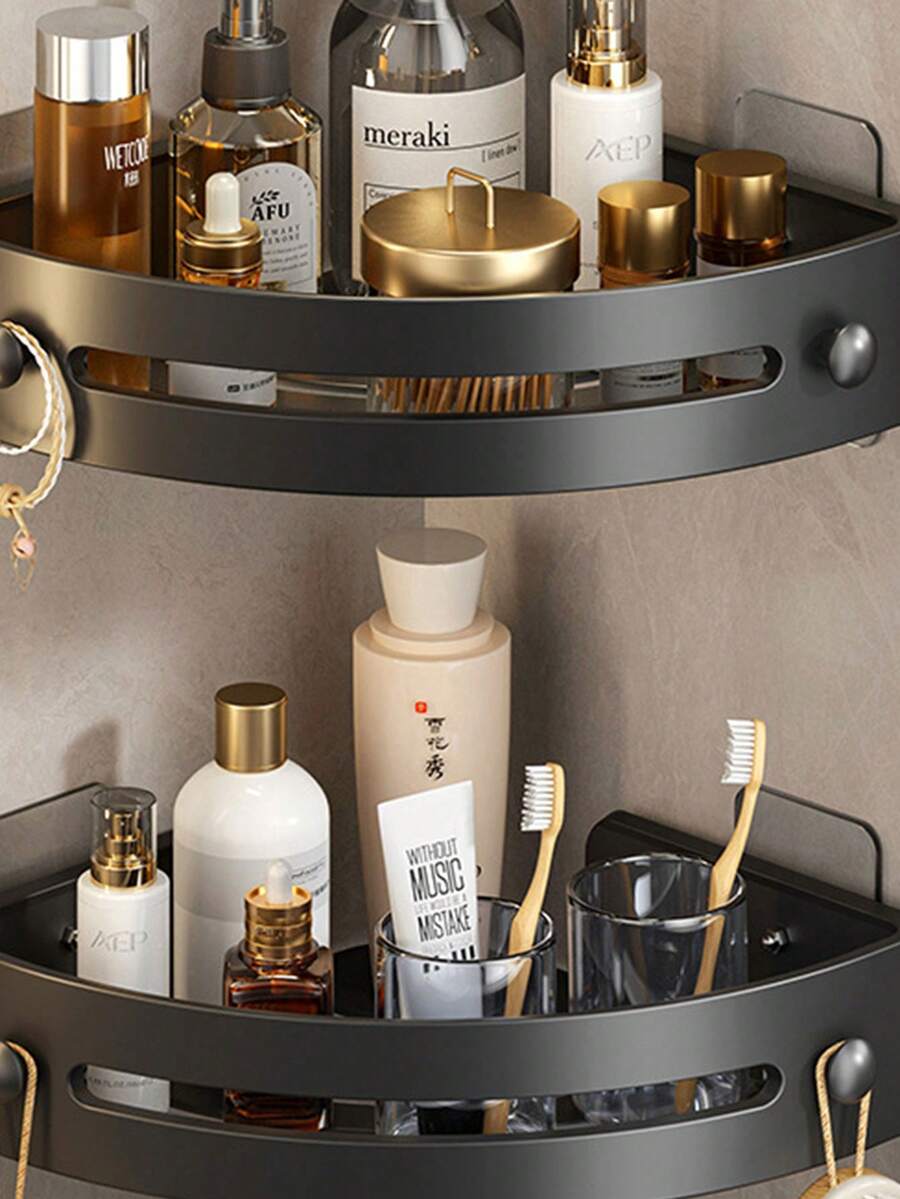 Bathroom Triangle Shelf, Wall Mount Bathroom Organizer Rack, Towel Rack, Tool-Free Installation - Black - View 1