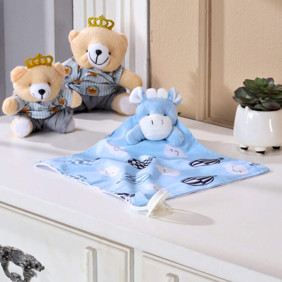 MeF Mae e Filho Baby Naninha Diaper Cloth With Animal And Pacifier Holder And Plush - globo azul - Ver 1