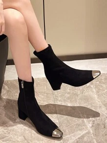 2024 Autumn & Winter New Design Thick Heel Short Boots For Women, Suede Material, Metal Toe, Elastic Slim Fit High Heels