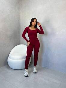 Women's Long Sleeve Round Neck Jumpsuit - 酒紅色 - 查看 4