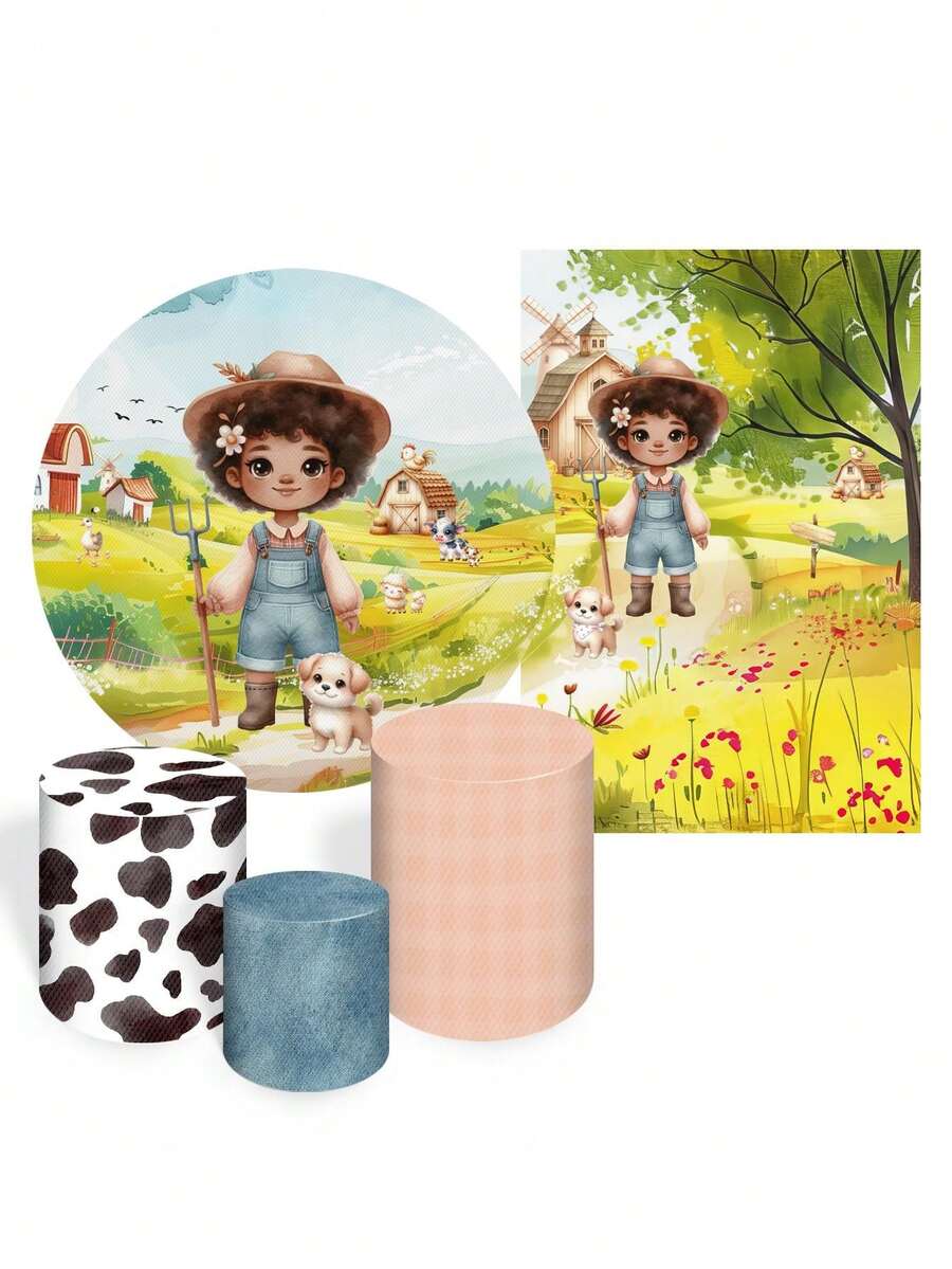 Kit 5 Decorative Covers Round Panel + Trio Cylinder Covers + Sublimated Rectangular Panel Cover Party And Birthday Decoration Theme Farmer Peasant Girl Field Flowers - 套件5件4598 - 查看 1