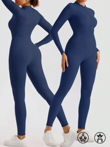 1pc Women Gym Training Jumpsuit | Seamless Long Sleeve Bodycon Yoga Playsuit High Stretch Shapewear Activewear Shapewear Bodysuit - Blue - View 2