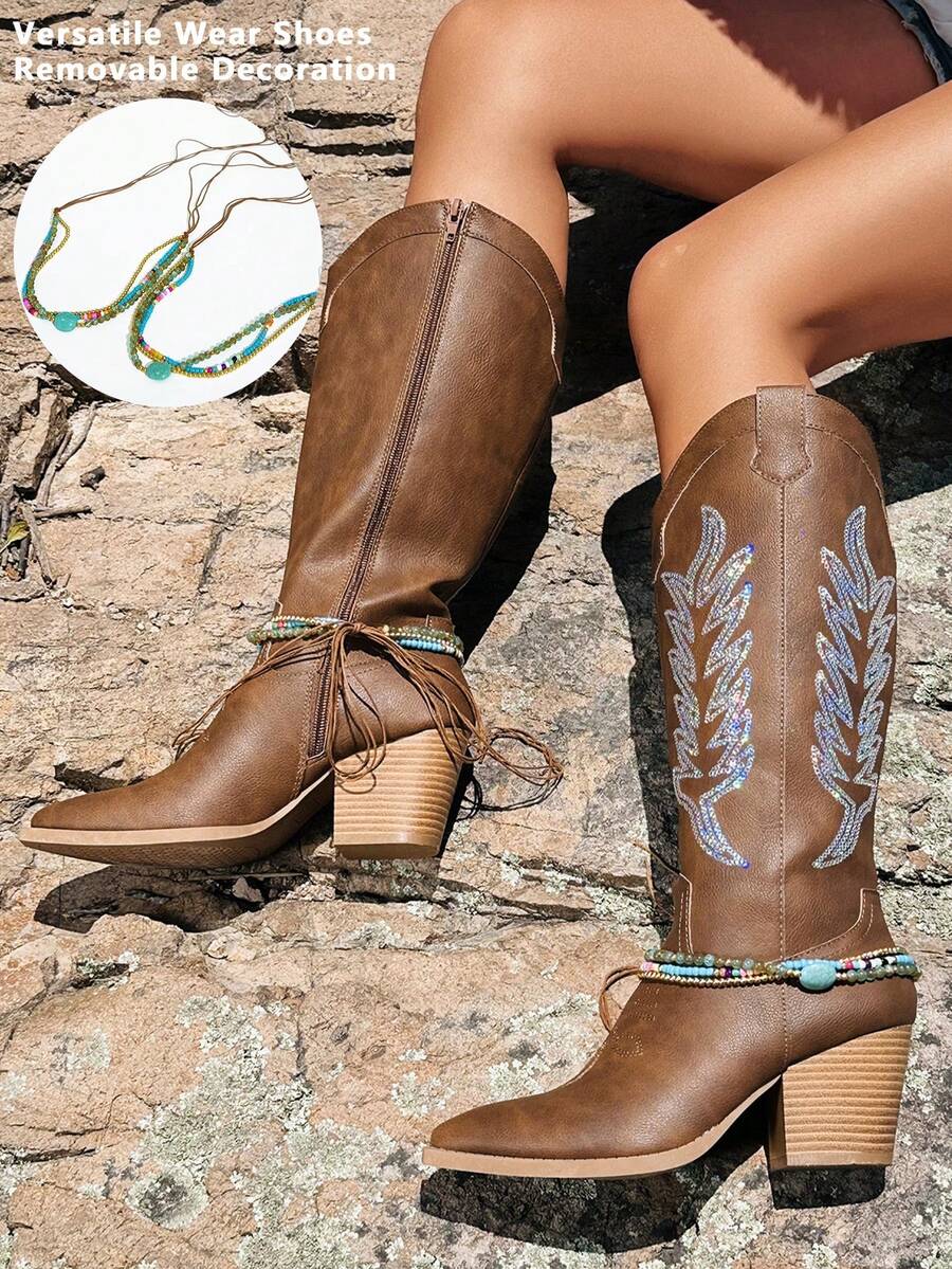 女士时尚靴子时尚搭配开衫，女士复古西式亮片尖头粗跟 PU 皮革高筒靴，棕色摩托车靴，时尚侧拉链女牛仔靴，秋冬 - 棕色 - 查看 1