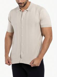 Men's Textured Short Sleeve Polo Sweater - Oatmeal - View 4
