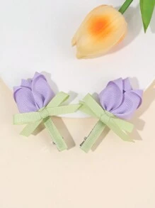 2pcs/Set Girls Pink Rose Bow Hair Clips, Satin Hair Barrettes, Sweet Children Hair Accessories - Multicolor - View 2