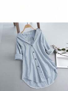 Women's Long Striped Long Sleeve Shirt - 藍色 - 查看 6