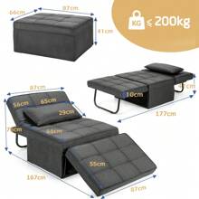 Foldable Sofa Bed Ottoman, 4-In-1 Convertible Sleeper Sofa Chair W/Metal Frame, Waist Pillow, 6-Position Backrest, Retractable Legs, Adjustable Sofa Recliner For Living Room, Office - Grey - View 7