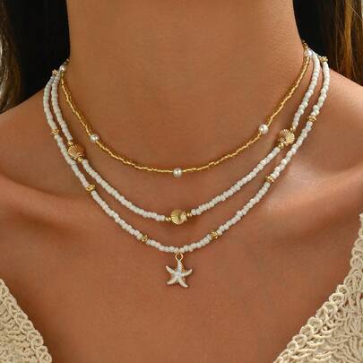 3pcs/Set Rice Bead Faux Pearl Linked Gold Starfish & Shell Necklace, Handmade Minimalist Jewelry For Women, Suitable For Daily Wear And Beach Vacation
