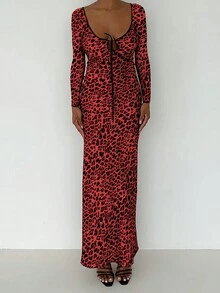 Vestito leopardato sexy con schiena scoperta e maniche lunghe con laccetti, di stile - Rosso - Visualizzare 6