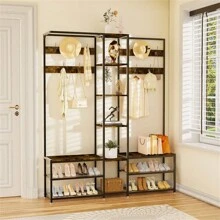 UNHO Heavy Duty Corner Coat Rack Stand Shoe Rack Storage Bench Hooks Entryway Mudroom Halloween Decorations Halloween Costumes Autumn Decor Festival Decor Coat Rack Back To School Travel Essentials Room Decor, Home Decor, Bedroom Decor Storage Organization And Storage - Black - View 1