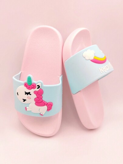 1 Pair Children Rainbow Unicorn PVC Anti-Slip Flat Slippers, Suitable For Indoor & Outdoor, Home, Bathroom, Summer
