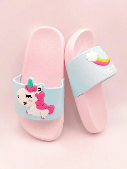 1 Pair Children Rainbow Unicorn PVC Anti-Slip Flat Slippers, Suitable For Indoor & Outdoor, Home, Bathroom, Summer