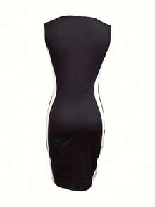 Women's Fashion Knit Bodycon Mid-Length Dress, Sleeveless V-Neck, Stylish White Striped, Suitable For Casual Wear