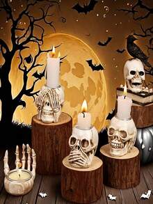 Halloween Skeleton Candlestick, Halloween Horror Decoration, Fun Personalized, Suitable For Creating Horror Atmosphere, Bars, Halloween Makeup Parties, Home Decoration, Etc(Don't Listen, Don't Say, Don't Look. It's A Three Pieces Set), Christmas