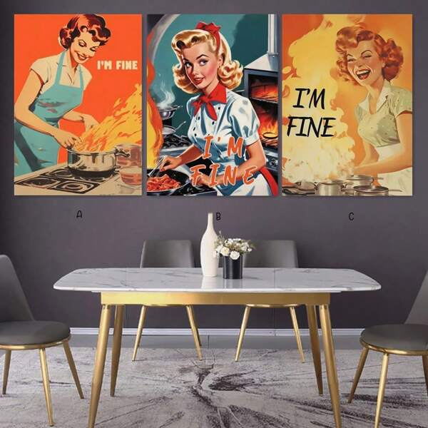 1pc/3pcs Set I'M Fine Lady Cooking Canvas Art Poster - Fun Kitchen Wall Decor, For Living Room, Bedroom, Home Office Wall Decor, Home Decor,NO Frame/Framed