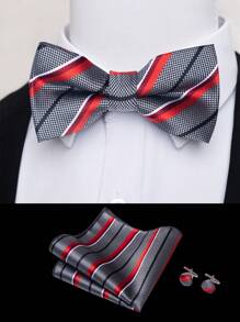 AlanKing 1set Premium Striped Bow Tie, Pocket Square, Cufflinks Suit Accessories Gift Set For Men Men Necktie