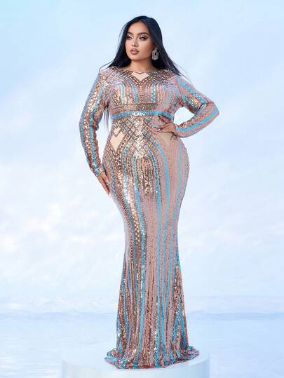 seomiscky Plus Size Long Sleeve Sequin Fitted Party & Evening Dress, Formal Prom Gown, For Wedding Guest, Graduation, Dinner