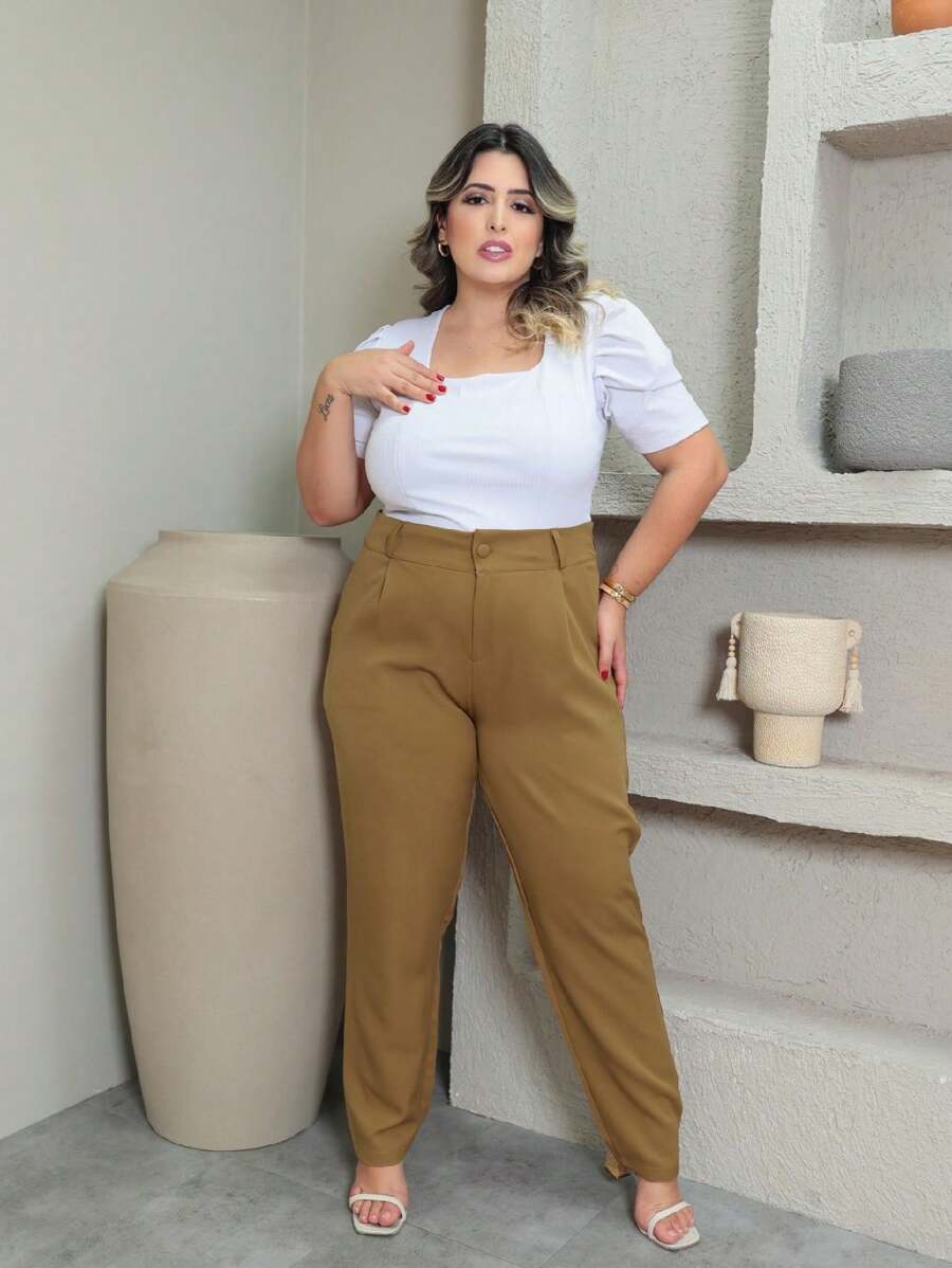 Plus Size Tailoring Pants With Button GG To G3 - Light Brown - View 1