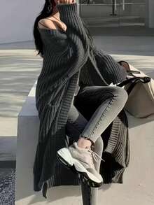 Solid Open Front Loose Knit Cardigan, Casual Long Sleeve Long Length Sweater With Pocket, Women's Clothing,Long Sleeve Tops - Grey - View 3