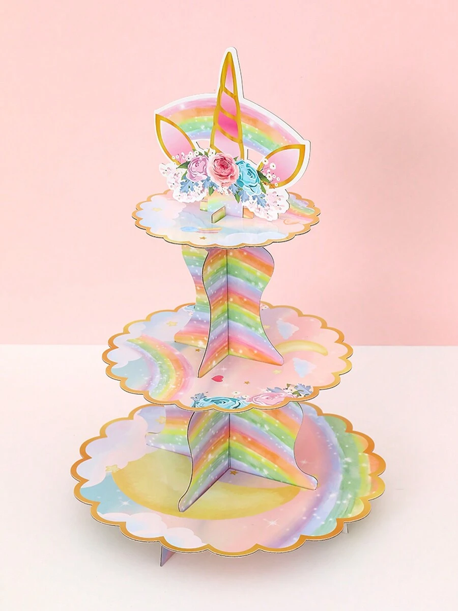 1Pc 3 Tầng Rainbow Unicorn Cupcake Cake Stand, Đồ dùng tiệc tiết lộ giới tính, Đồ trang trí tiệc theo chủ đề kỳ lân, Đế đựng bánh cupcake bằng bìa cứng, Tháp bánh cupcake cho đồ dùng tiệc, Đồ trang trí bánh DIY sáng tạo, Giáng sinh