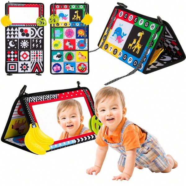 Spiegelspielzeug, Babyspielzeug, 0–6 Monate, Baby, Schwarzweiß, Sensorisches Spielzeug, Aktives Montessori-neugeborenen-spiegel, Spielzeug Für Die Bauchzeit, Faltbar, Kontrastreiches Baby-stoffbuch