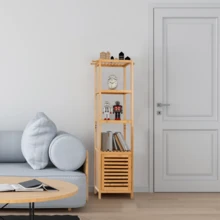 Tall Slim Storage Cabinet Bamboo Bathroom Storage Cabinet With 3-Tier Shelves For Organizer Toilet Cupboard Laundry Unit - Khaki - View 1