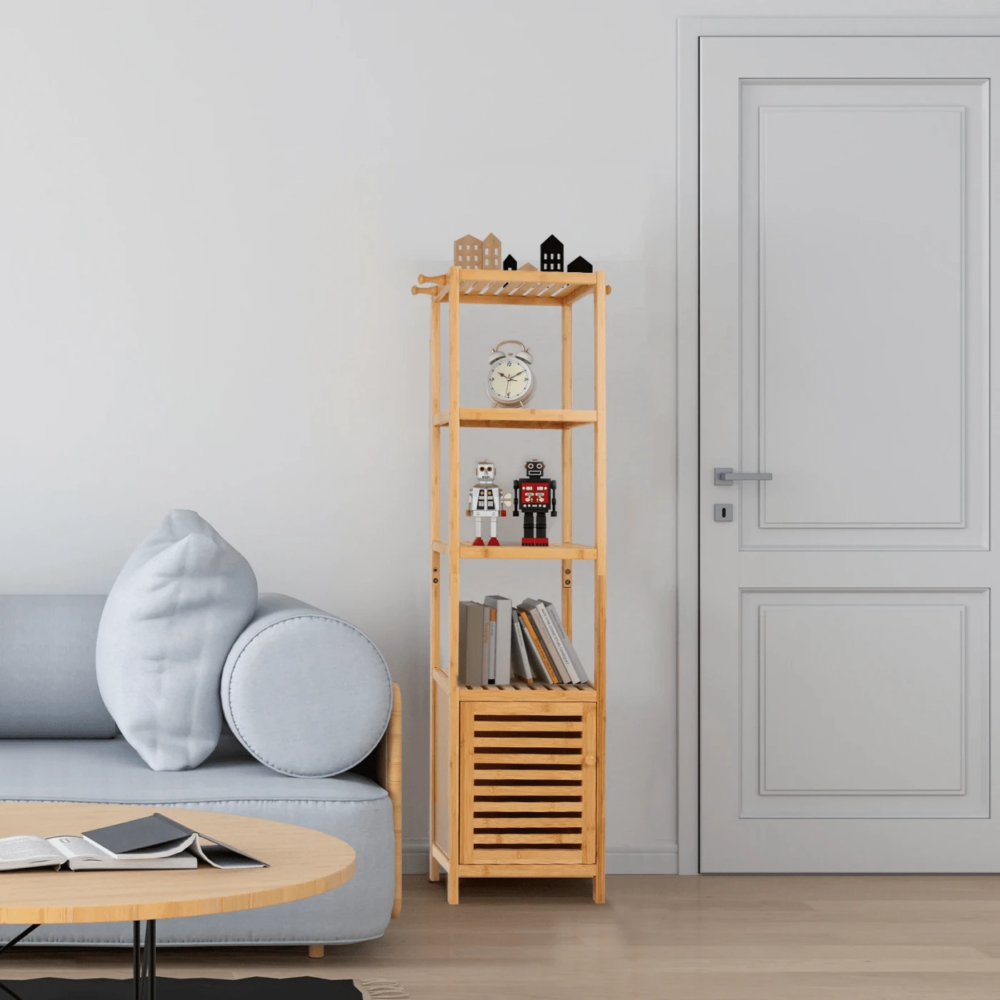 Tall Slim Storage Cabinet Bamboo Bathroom Storage Cabinet With 3-Tier Shelves For Organizer Toilet Cupboard Laundry Unit - Khaki - View 1