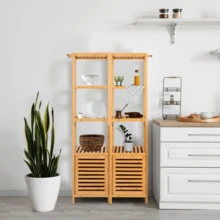 Tall Slim Storage Cabinet Bamboo Bathroom Storage Cabinet With 3-Tier Shelves For Organizer Toilet Cupboard Laundry Unit - Khaki - View 3