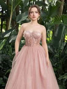 Faeriesty 公主美人花卉贴花细节透视紧身胸衣对比薄纱返校派对抹胸连衣裙 - 粉色 - 查看 10