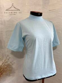 High-Neck Cotton Tshirts Inspired By Zaara, Plain T-Shirt, Basic Casual, Stripped, Women's Blouse, T-Shirt, 100% Cotton, Fashion Tee, Summer 2024 - 淺藍色 - 查看 6