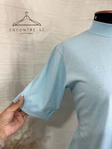 High-Neck Cotton Tshirts Inspired By Zaara, Plain T-Shirt, Basic Casual, Stripped, Women's Blouse, T-Shirt, 100% Cotton, Fashion Tee, Summer 2024 - 淺藍色 - 查看 7