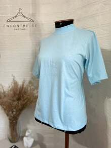 High-Neck Cotton Tshirts Inspired By Zaara, Plain T-Shirt, Basic Casual, Stripped, Women's Blouse, T-Shirt, 100% Cotton, Fashion Tee, Summer 2024 - 淺藍色 - 查看 4