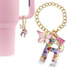 带手柄杯子字母吊饰配件，可爱首字母钥匙扣手柄吊饰带蝴蝶，适用于女士女孩的玻璃杯