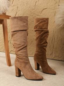 Women's Knee-High Boots, Chunky Heel, Commute, Outdoor Casual, Elegant, Brown, Versatile For Autumn/Winter, Slip-On Pointed Toe Boots, Ruched Boots