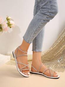 Shiny Rhinestone Strap Flat Sandals, Fashionable Open-Toe Breathable Slippers With Slip-Resistant Sole - White - View 2