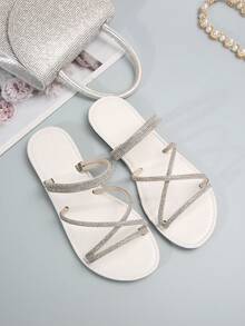 Shiny Rhinestone Strap Flat Sandals, Fashionable Open-Toe Breathable Slippers With Slip-Resistant Sole - White - View 6