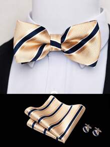 AlanKing 1set Premium Striped Bow Tie, Pocket Square, Cufflinks Suit Accessories Gift Set For Men Men Necktie