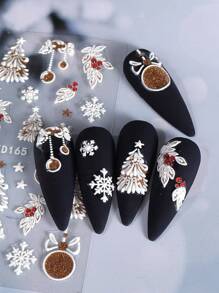 2 件装白金圣诞 5D 美甲贴纸闪光全息贴花吊坠气球圣诞树雪花叶 DIY 浮雕美甲用品美甲滑块适合女士女孩 - 彩色 - 查看 5