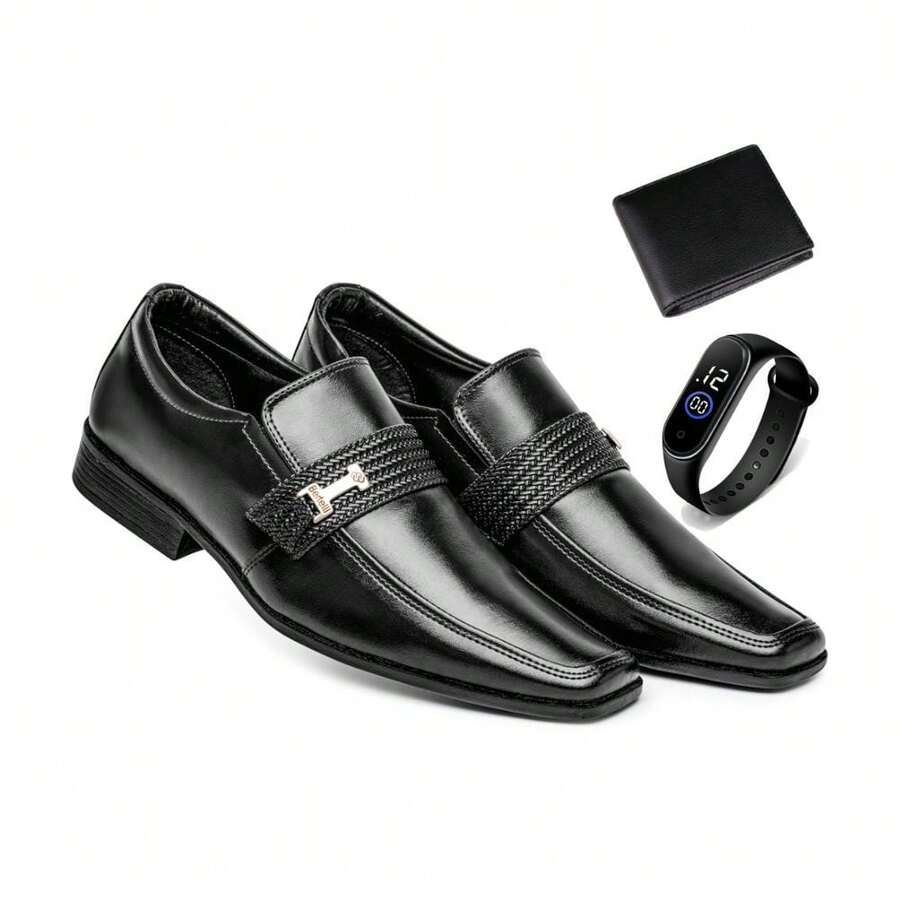 Basic Elegant Comfort Casual Men's Dress Shoes Kit + Wallet And Watch - 黑色 - 查看 1