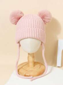 1 pieza Gorro de punto con doble pompón lindo para protección de orejas para bebé de 2-3 años, cálido para uso diario en otoño/invierno - 1PC - Ver 7
