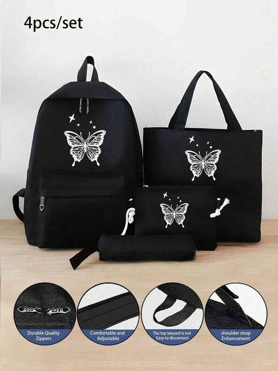 4 件粉色蝴蝶印花实用简约背包套装书包套装，时尚背包，大容量单肩包，便携铅笔袋，零钱包，学院风 Y2k 休闲风格，适合大学生，少女，大一，大二，初中和高中生，大学和高中，非常适合户外、旅行和返校 - 查看 1
