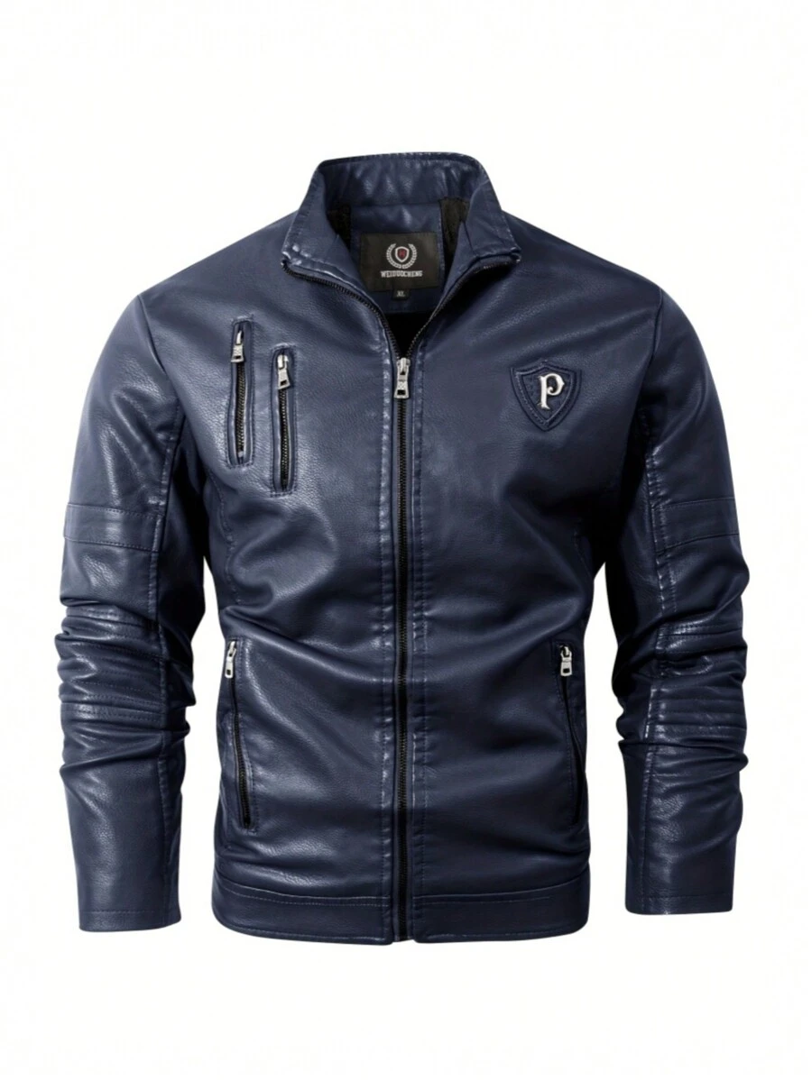 Black Classic Brando Motorcycle Jacket For Men Made Of Cowhide Leather Side Lacing - Blue - View 1