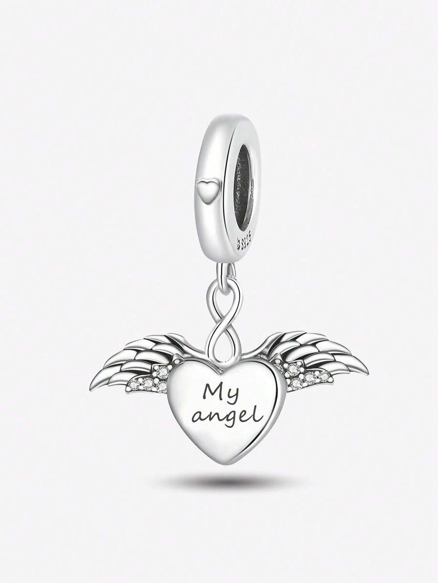 1pc 925 Sterling Silver Shiny Heart Angel Pendant Charm, Suitable For DIY Bracelet, Women Jewelry - Angel Wings - View 1