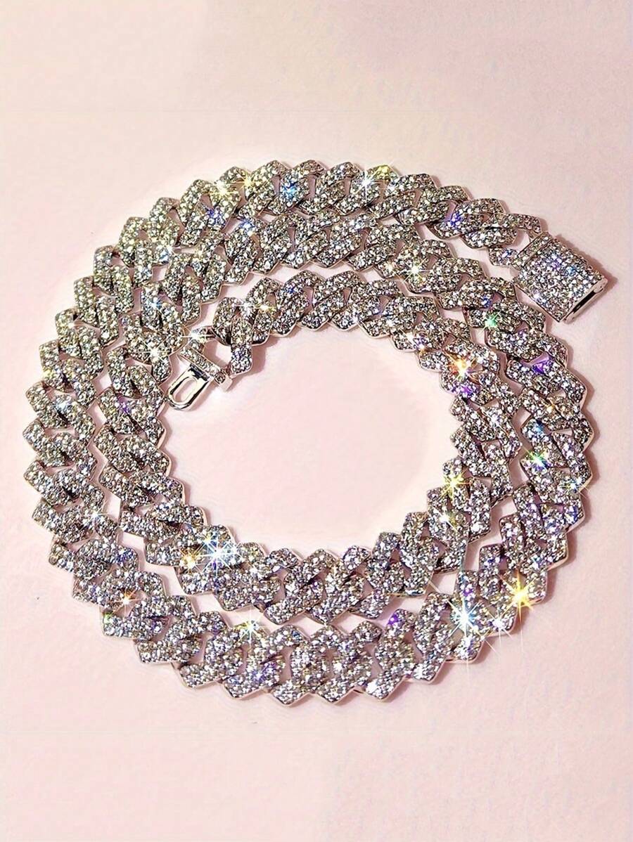 1 件欧美嘻哈水钻覆盖翻盖街头风格项链和手链金属链项链，夏季海滩派对珠宝套装