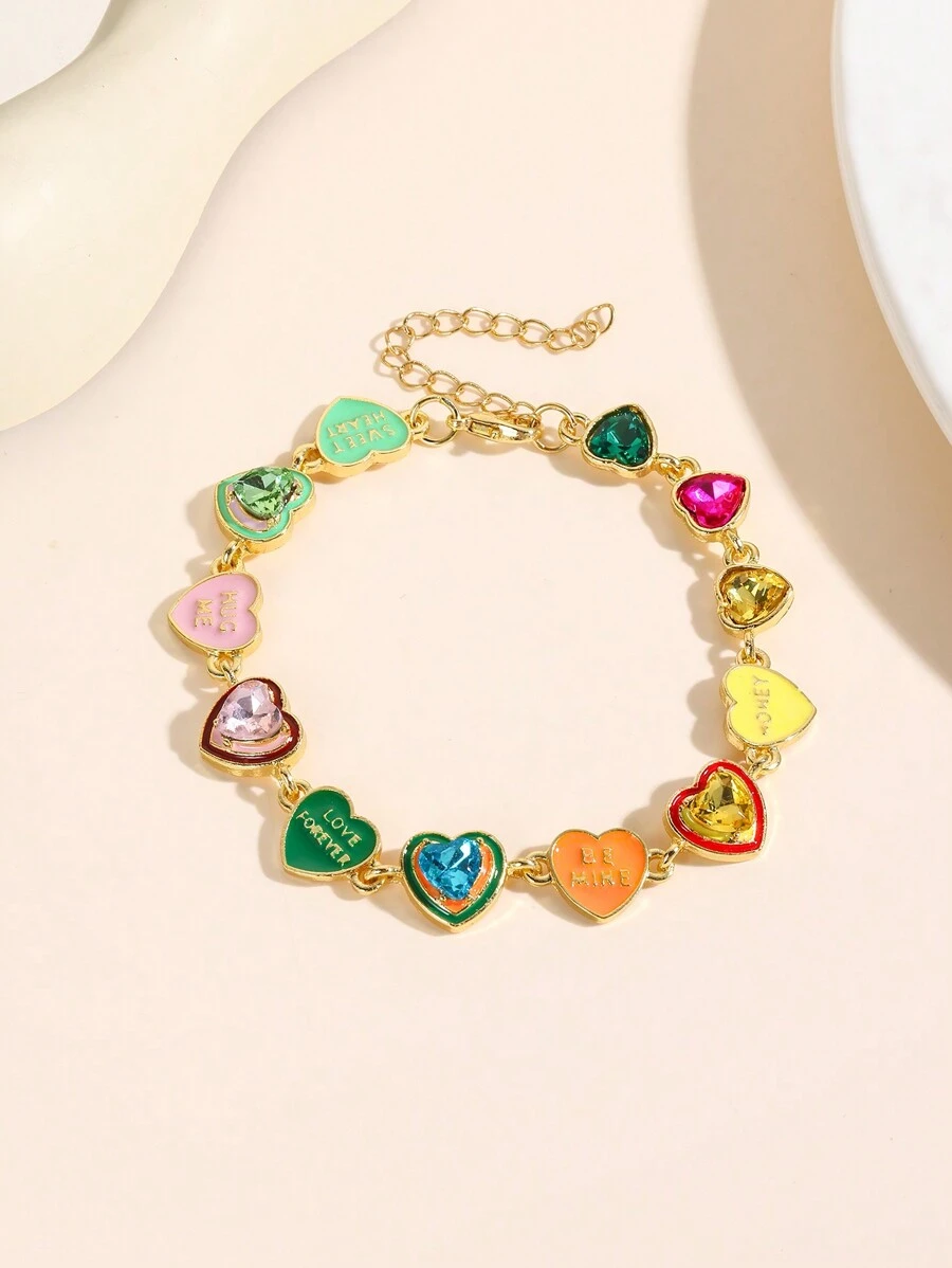 1pc Sweet Dopamine-Themed Multi-Color Crystal Heart Bracelet - Colorful Heart Bracelet - View 1